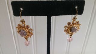 Vintage Goldtone Metal Pink Jasper Stone Crystal Faux Pearl Wire Pierce Earrings