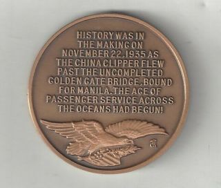1935 CHINA CLIPPER PAN AM AMERICAN AIRLINES AIRPLANE BRONZE MEDAL COIN 2