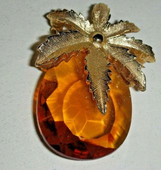Vintage Sara Coventry Gold Tone Facet Amber Glass Pineapple Pin Back Brooch Pin