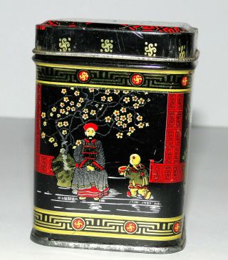Vintage Asian Design Tea Tin Empty Black Red Small
