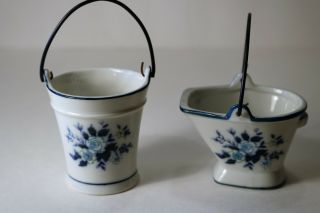Vtg Porcelain Miniature Buckets W/blue Flowers.  Perfect For Window/shadow Box