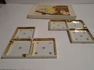 Vintage Fleur De Lis By Shafford Table Caddie 2 White / Gold Ceramic Trays Boxed