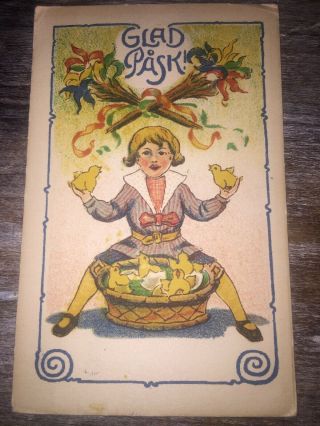 Vintage Swedish Easter Postcard Folk Art Chickens Hatch Chicks Child Glad Pask