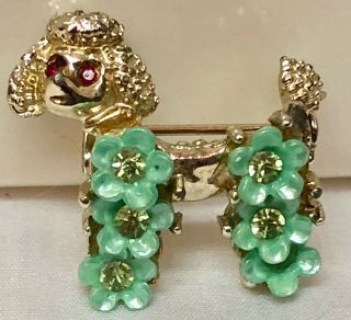 Vintage Gold Tone Green Lucite Crystal Rhinestones Poodle Dog Figural Brooch Pin