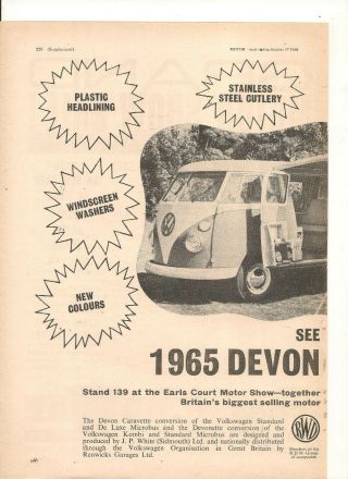 Vintage 1964 Volkswagen Kombi Devon Campervan English 2 Page Advert