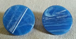 Vintage Large Blue And White Marbleized Lucite Flat Disk Clip Earrings