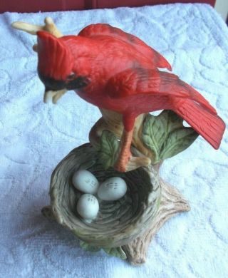Vintage Unmarked Bisque Figurine Red Cardinal In Tree With Nest 5 3/4 " Height
