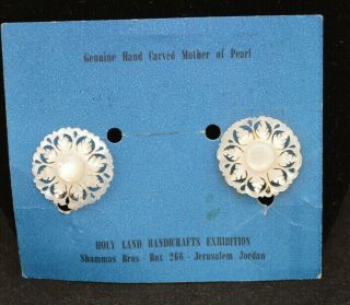 Vintage Hand Carved Mother Of Pearl Snowflake Screw Back Earrings