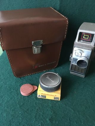 Bell And Howell Electric Eye Hand Crank 8mm Movie Camera,  Leather Case,  Lens Cap