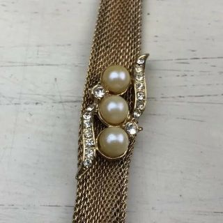 Vintage Mesh Gold Tone Bracelet 3 Faux Pearls & Rhinestones