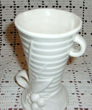 Vintage Art Deco Pottery Vase Ribbed With Handles - Leaves & Berries - McCoy ? 3