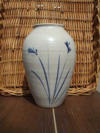 Vintage Studio Pottery Vase White With Blue Iris Flowers Signed