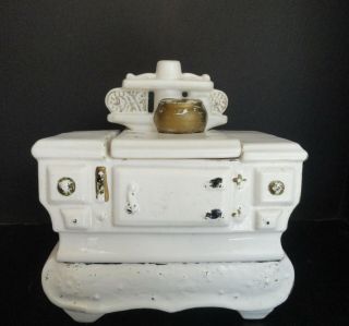 Vintage Mccoy Pottery Usa White Cast Iron Wood Stove Cookie Jar Great