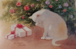 Vintage White Cat Christmas Greeting Card Under A Decorated Xmas Tree