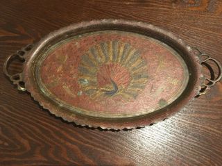 Vintage Ornate Color Etched Peacock Brass Tray With Handles