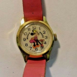 Vintage Walt Disney Minnie Mouse Watch; Swiss Made 23 - Pink Leather Band