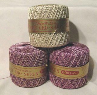 3 Vtg Cotton Metallic Gold Knit Cro - Sheen Thread 2 Purple 1 White J&p Coats 100y