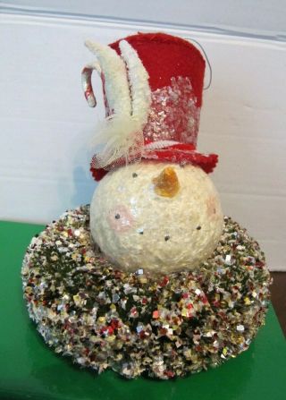 Raz Imports 5 " Red Felt Top Hat Snowman On Glitter Bottle Brush Wreath Vintage - Y