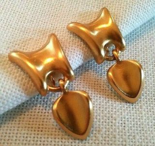 Vintage Signed Ak Anne Klein Matte Brushed Goldtone Dangle Clip Earrings