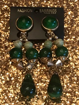 Vintage Fashion Clip On Gold Tone Massive Green Drops Earrings 3 3/4” Wow
