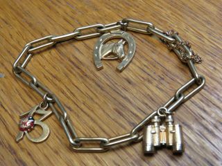 Gold Plated Vintage Horse Racing Charm Theme Bracelet 8.  5 " Long