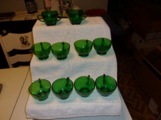 Vintage Anchor Hocking Forest Green Tea/ Punch Cups Set Of 8 &sugar Bowl C