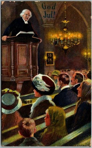 Vintage Swedish Christmas Postcard " God Jul " Preacher / Church 1922 Cancel