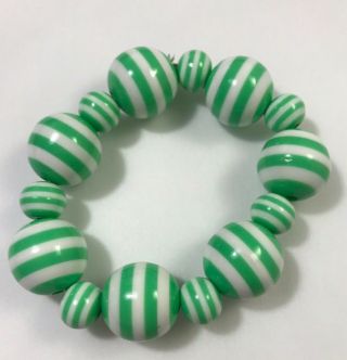Vintage Estate Green White Stripe Lucite Large Beaded Stretch Bracelet