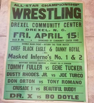 Vintage 1977 All Star Championship Wrestling Poster Drexel,  N.  C Dusty Rhodes
