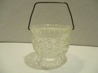Vintage Clear Daisy And Button Tri Footed Kettle Taper Candle Holder Bale Handle
