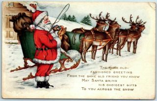 Vintage Whitney Christmas Postcard Santa Claus W/ Whip,  Sleigh & Reindeer 1920s
