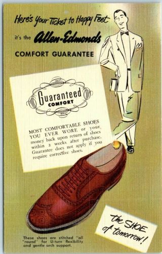 Vintage 1940s Linen Advertising Postcard Allen - Edmonds Shoes " Comfort Guarantee "