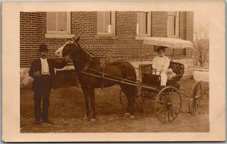 Vintage 1910s Rppc Real Photo Postcard Horse Cart Woman Driving,  W/ Dog On Seat