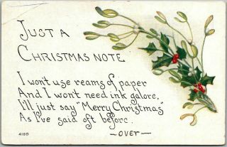 Vintage F.  A.  Owen Holiday Postcard " Just A Christmas Note " Mistletoe Dated 1915