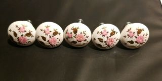 5 Vintage Porcelain Drawer Knobs,  White With Pink Rose Pattern