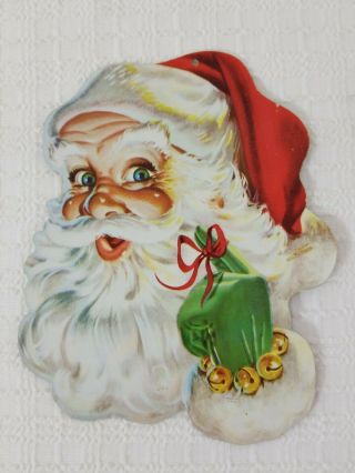 Vintage Christmas Die Cut Cardboard Merry Santa Claus Face Decoration 8 " X 6 "