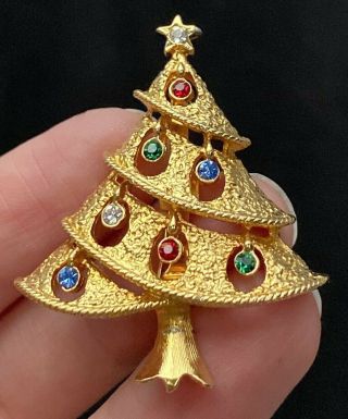 Vtg Jj Gold Tone Multi Color Rhinestone Christmas Tree Brooch Signed 2 " A007