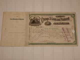 1883 Chicago St.  Louis & Pittsburgh Railroad Stock Certificate President Signed