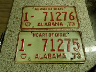 2 - 1973 Alabama Automobile License Plate Tag Heart Of Dixie Consecutive Numbers