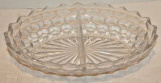 Vintage Fostoria American Cubed Clear Glass 10 " Oval Divided Dish - Euc