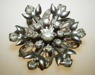Vintage White Rhinestone Silver Tone Snowflake Pin Brooch 1 3/8 " Flower Floral