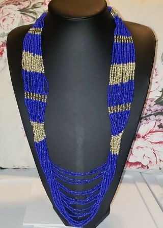 Vintage Multi Strand Seed Bead Necklace Blue Gold Tone Bead Colors Tribal Exotic