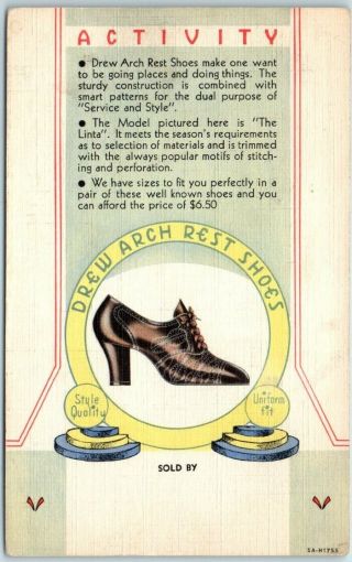 Vintage 1940s Linen Advertising Postcard Drew Arch Rest Shoes For Women Curteich