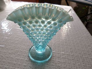 Vintage Fenton Blue Opalescent Hobnail Art Glass Fan Vase 6 "