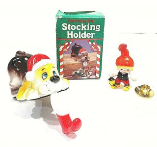 Vintage Giftco Christmas Pup Stocking Holders & Baby Gnome Candle Holder