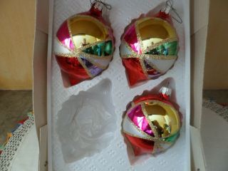 3 Vintage Made In Poland Glass Glitter Large Tear Drop Xmas Ornaments