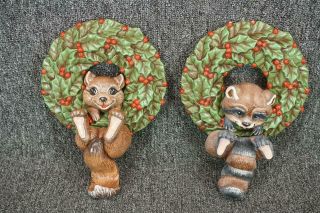 Vintage Set Of 2 C.  1985 Raccoon,  Squirrel Wall Stocking Hangers 10 " Tall