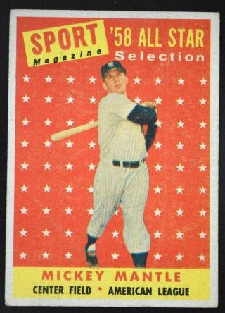 Vintage 1958 Topps 487 Mickey Mantle Yankees All Star Vg,  To Ex