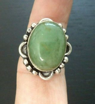 Stunning Vintage Estate Signed 925 Sterling Silver Chunky Jade Sz 7.  5 Ring G20a