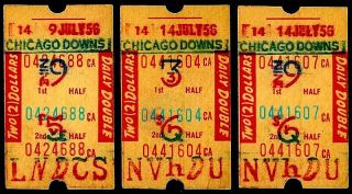 3 1956 Chicago Downs Horse Racing $2 Daily Double Rare Vintage Tickets